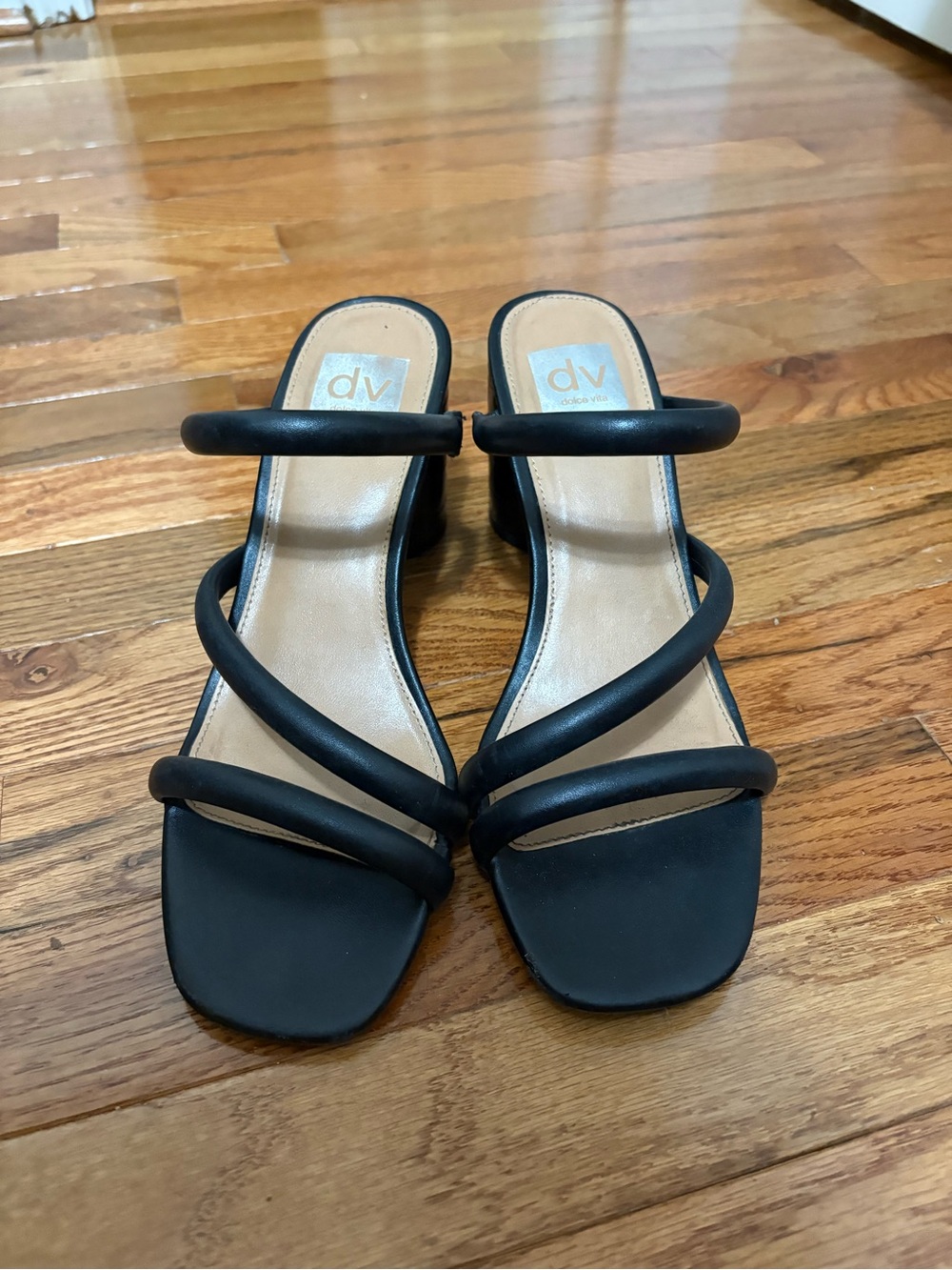DV by Dolce Vita Black Triple-Strap Square-Toe Block Heels